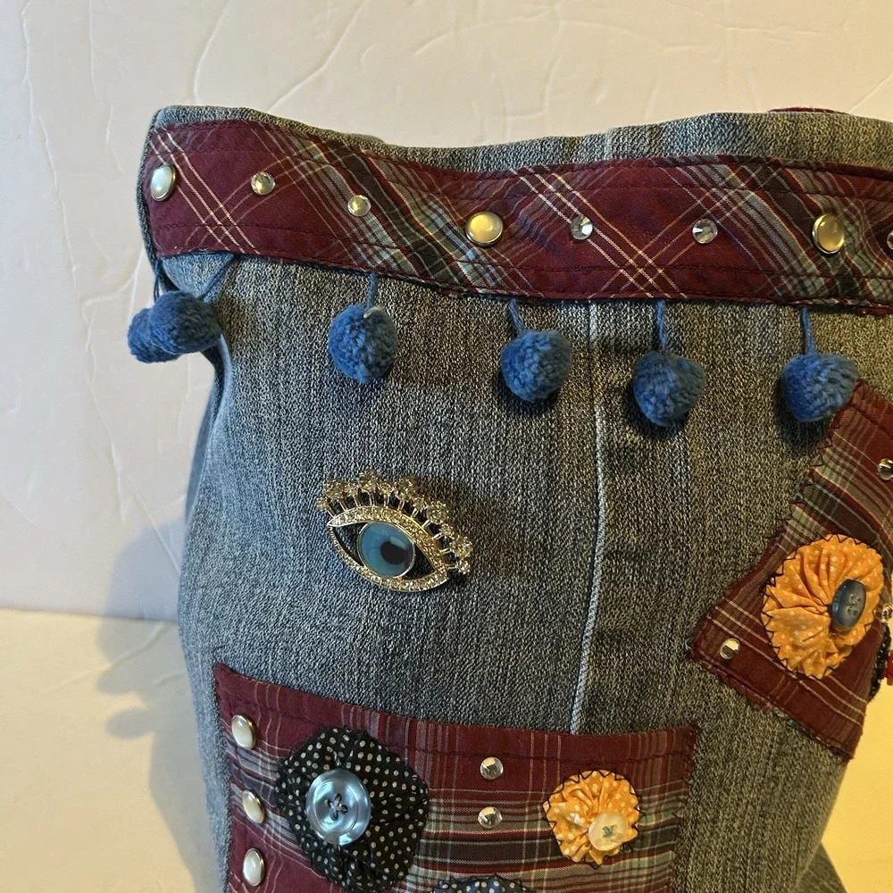 Handmade Denim Jean Bag Tote Purse Boho Upcycled Buttons Rhinestones Pearl‎